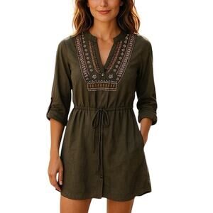 Anthropologie Lulumari Green Suede-Like Embroidered Dress Large